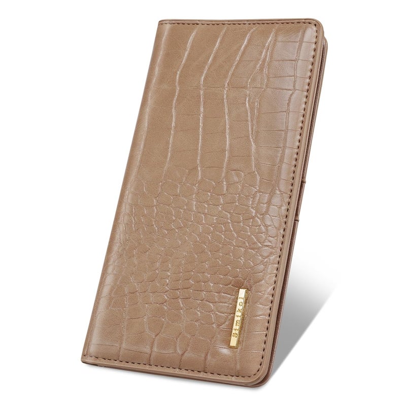 Simikol Wallet Women Bifold Faux Crocodile Leather Minimalist Slim Thin Long Wallets RFID Blocking Credit Cards Holder Purse with Back Zipper Coin Pocket for Women and Men, Khaki - Image 1