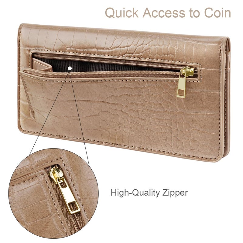 Simikol Wallet Women Bifold Faux Crocodile Leather Minimalist Slim Thin Long Wallets RFID Blocking Credit Cards Holder Purse with Back Zipper Coin Pocket for Women and Men, Khaki - Image 4