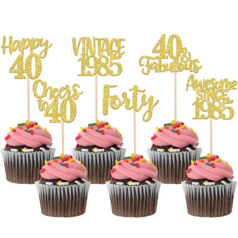 RSSTARXI 24 Pack Gold Happy 40th Cupcake Cupcake Toppers Forty 40 Fabulous Vintage 1985 Cupcake Picks for Awesom - Image 1