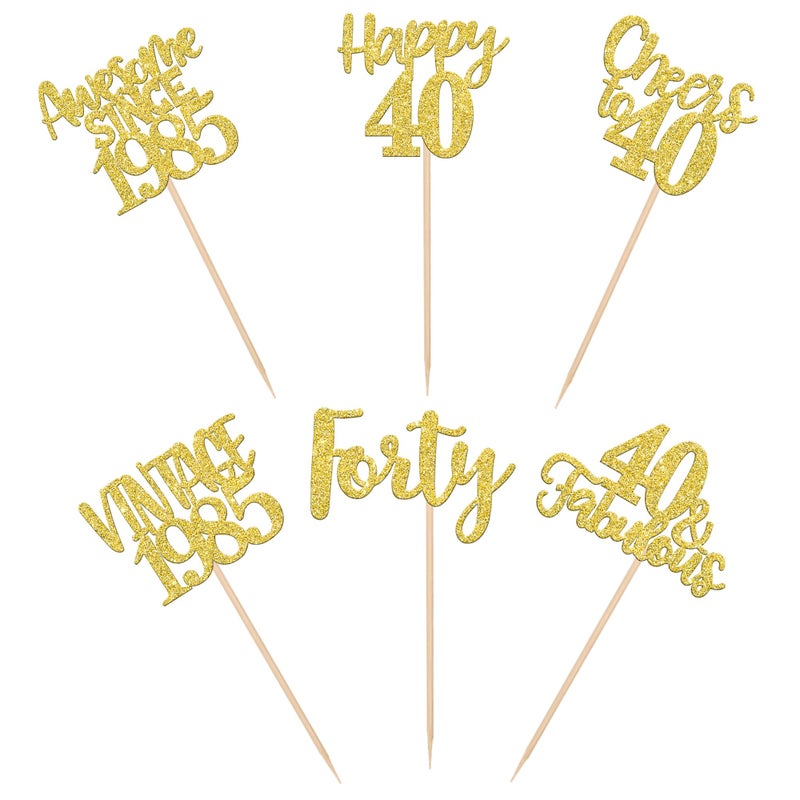 RSSTARXI 24 Pack Gold Happy 40th Cupcake Cupcake Toppers Forty 40 Fabulous Vintage 1985 Cupcake Picks for Awesom - Image 3