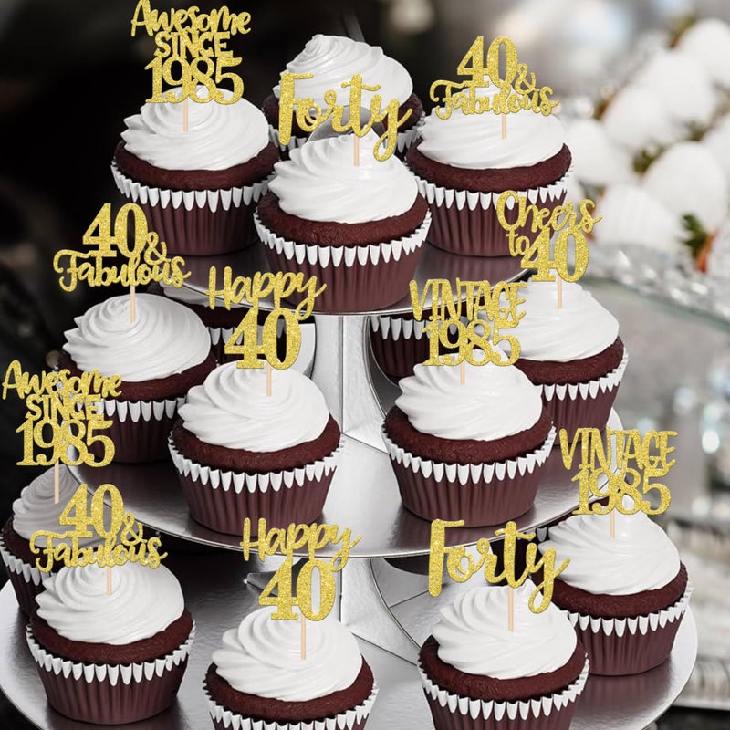 RSSTARXI 24 Pack Gold Happy 40th Cupcake Cupcake Toppers Forty 40 Fabulous Vintage 1985 Cupcake Picks for Awesom - Image 4