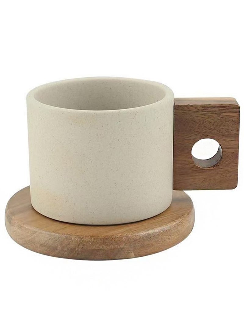 ايكانبو طقم أكواب قهوة سيراميك سعة 300 مل مع صحن خشبي من خشب الأكاسيا، للشاي واللاتيه والإسبريسو والكابتشينو، طقم أكواب بمقبض خشبي من البورسلين غير المزجج - Image 1