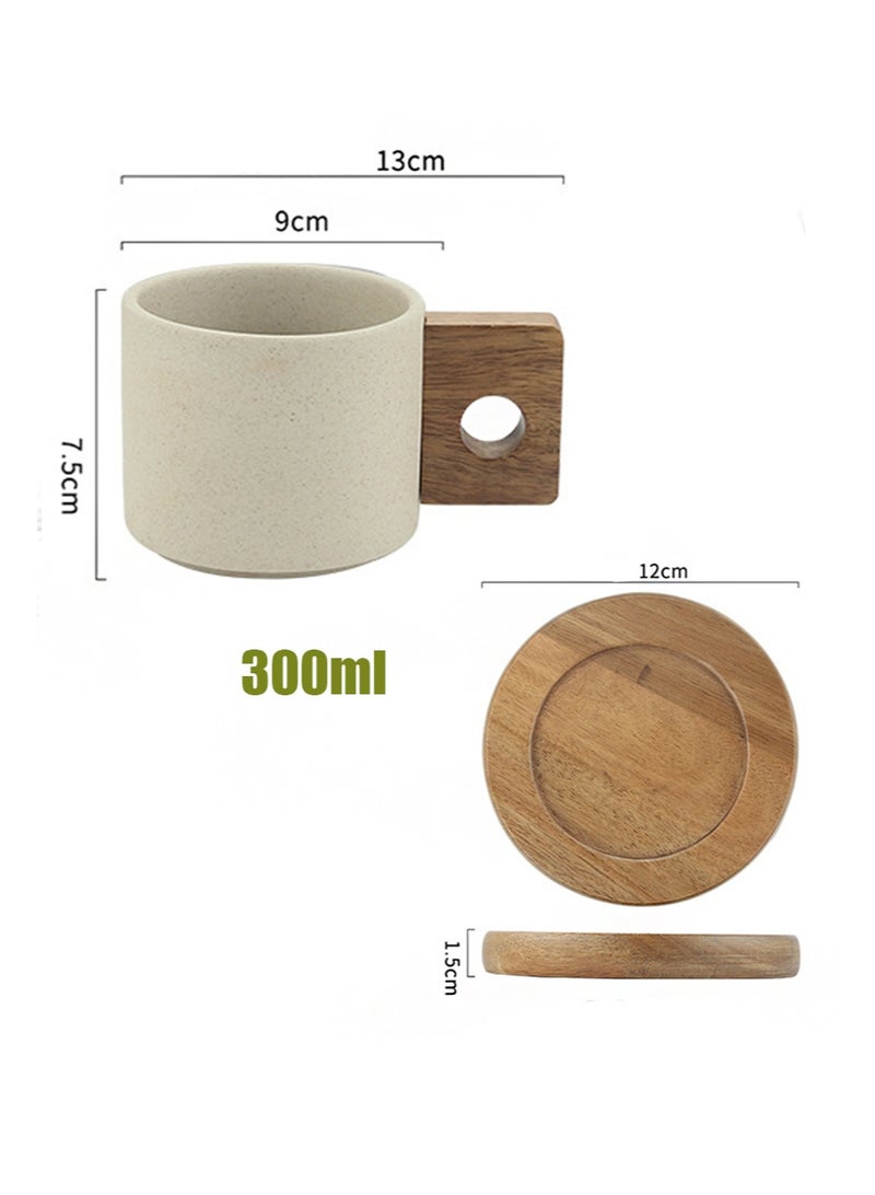 ايكانبو طقم أكواب قهوة سيراميك سعة 300 مل مع صحن خشبي من خشب الأكاسيا، للشاي واللاتيه والإسبريسو والكابتشينو، طقم أكواب بمقبض خشبي من البورسلين غير المزجج - Image 3