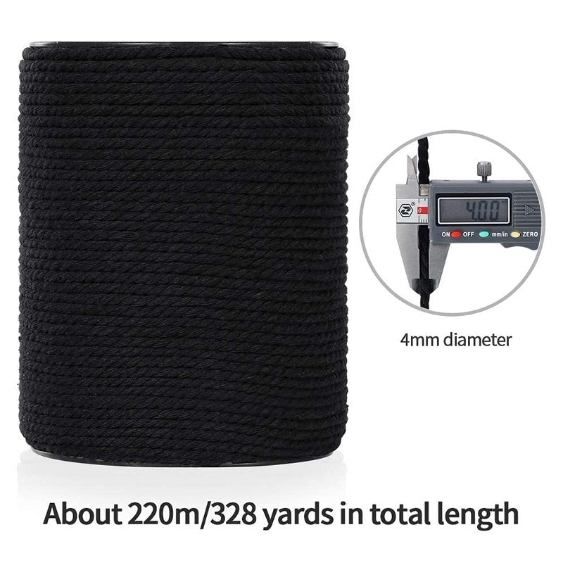 HOMEBOBO Macrame Cord 3mm x 328Yards(984Feet), Colored Natural Cotton Macrame Rope - 3 Strands Twisted Colorful Macrame Cotton Cord for Wall Hanging, Plant Hangers, Gift Wrapping and Wedding Decorations, Black - Image 5