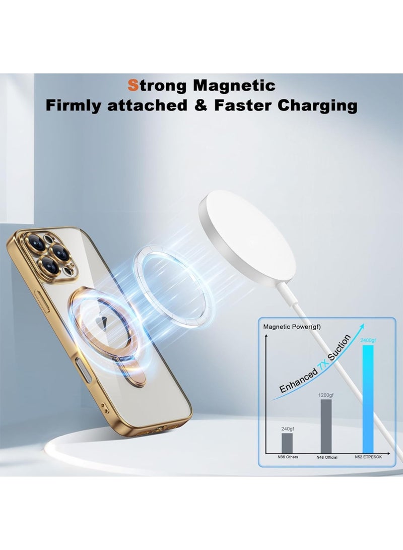 X-level Compatible with iPhone 16 Pro Case with Invisible Magnetic Ring Stand [Compatible with Mag-Safe] [Full Camera Lens Protector] Plating Clear Phone Case for iPhone 16 Pro,Gold - Image 5