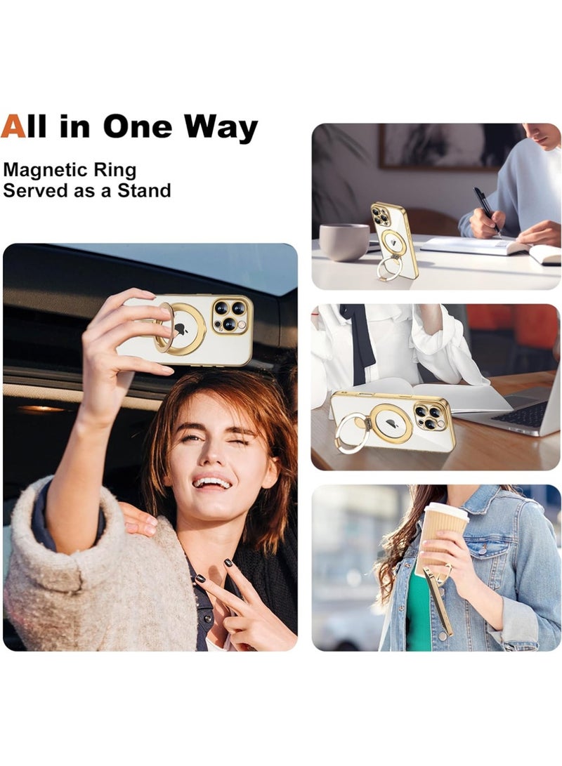 X-level Compatible with iPhone 16 Pro Case with Invisible Magnetic Ring Stand [Compatible with Mag-Safe] [Full Camera Lens Protector] Plating Clear Phone Case for iPhone 16 Pro,Gold - Image 3