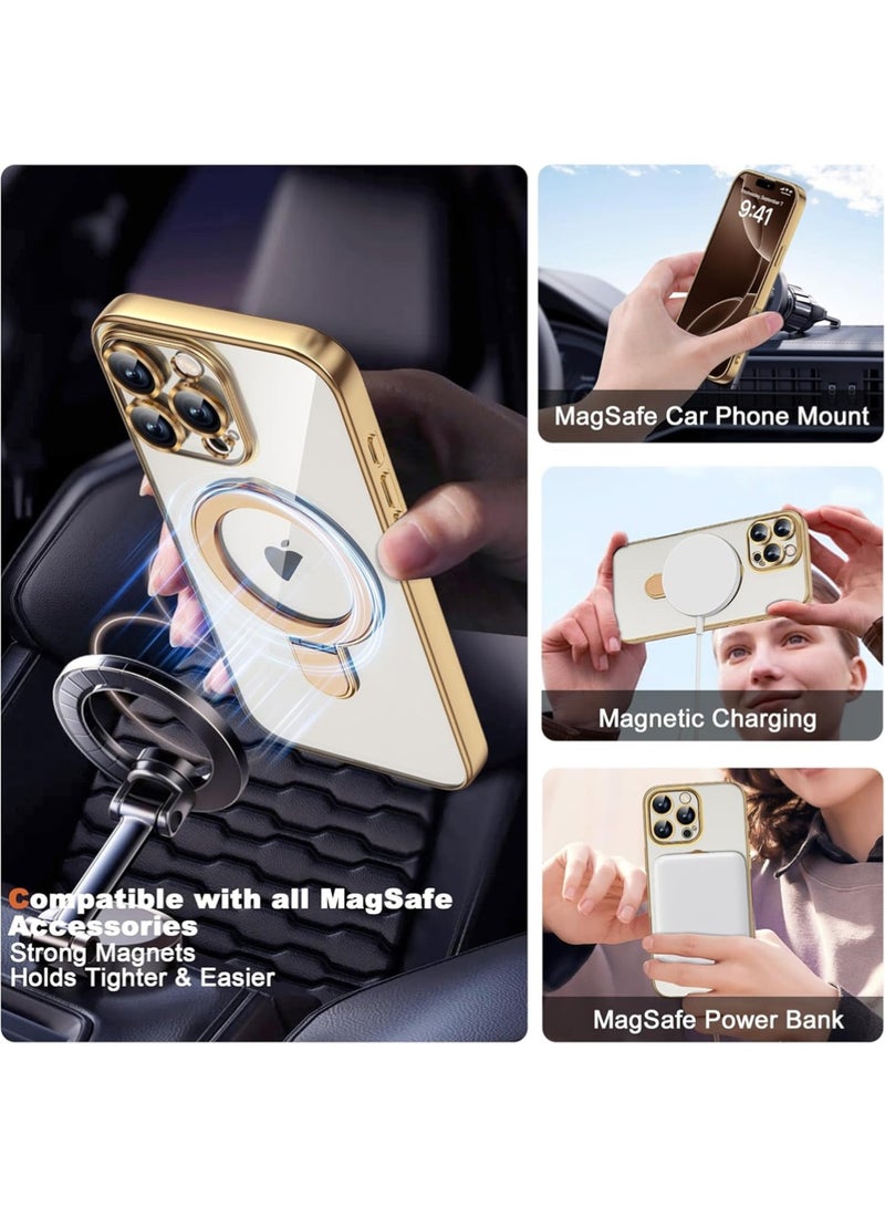 X-level Compatible with iPhone 16 Pro Case with Invisible Magnetic Ring Stand [Compatible with Mag-Safe] [Full Camera Lens Protector] Plating Clear Phone Case for iPhone 16 Pro,Gold - Image 4