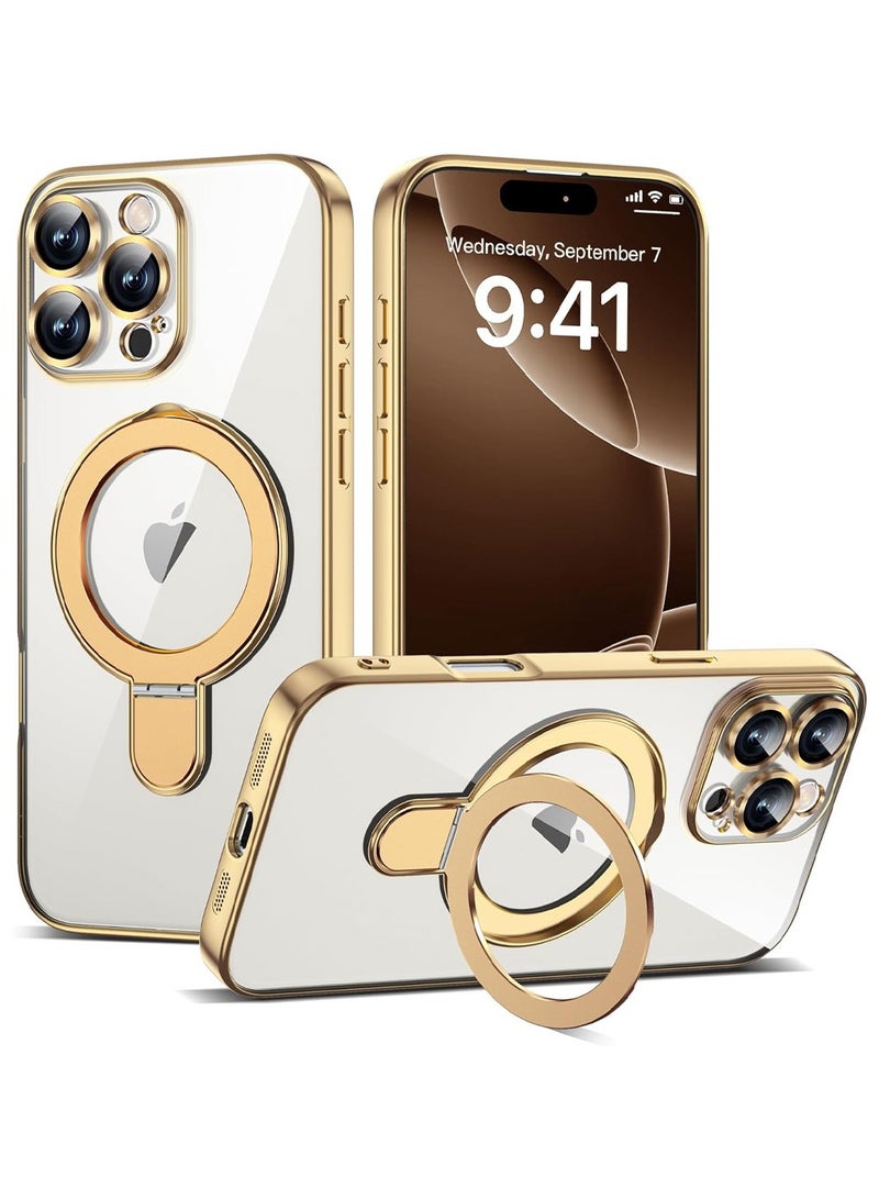 X-level Compatible with iPhone 16 Pro Case with Invisible Magnetic Ring Stand [Compatible with Mag-Safe] [Full Camera Lens Protector] Plating Clear Phone Case for iPhone 16 Pro,Gold - Image 1