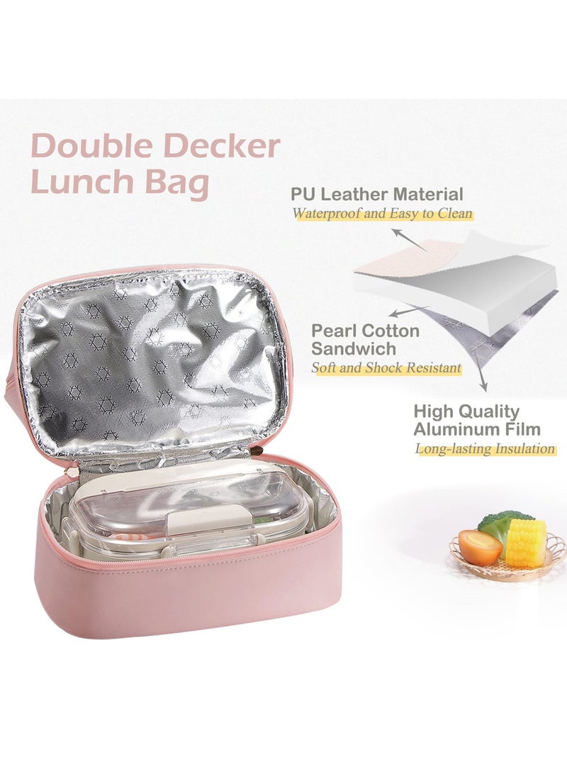 Barakah Lunch Bag for Women, Large Capacity Insulated Lunch Bag with Double Decker Waterproof PU Leather Simple Modern Style Lunch Bag for Work, Picnic, Travel (Pink) - Image 2