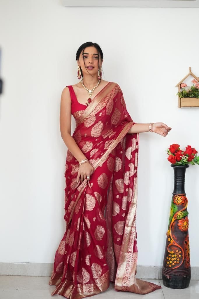 Shiv Textiles Women's Silk Blend Dual Tone Jacquard Ready To wear Saree(S-5039-Red) - Image 2