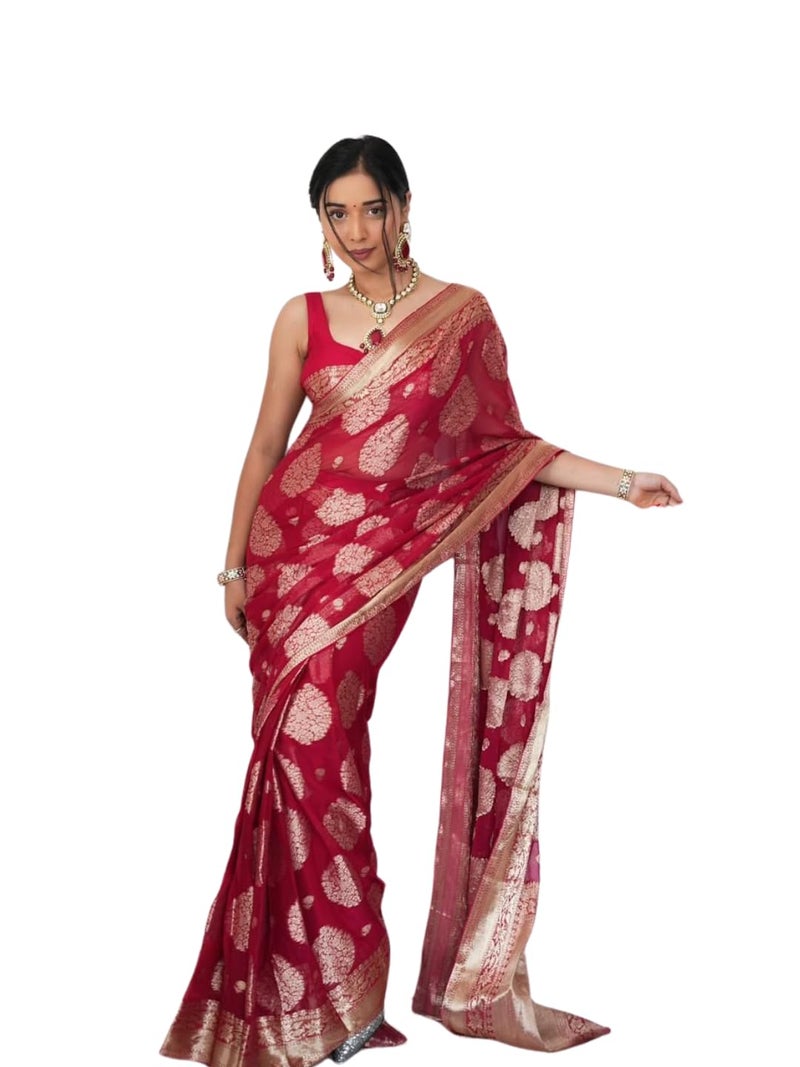 Shiv Textiles Women's Silk Blend Dual Tone Jacquard Ready To wear Saree(S-5039-Red) - Image 5