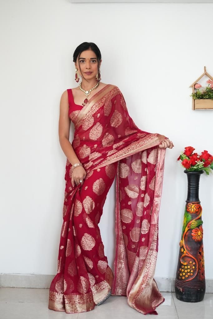 Shiv Textiles Women's Silk Blend Dual Tone Jacquard Ready To wear Saree(S-5039-Red) - Image 4