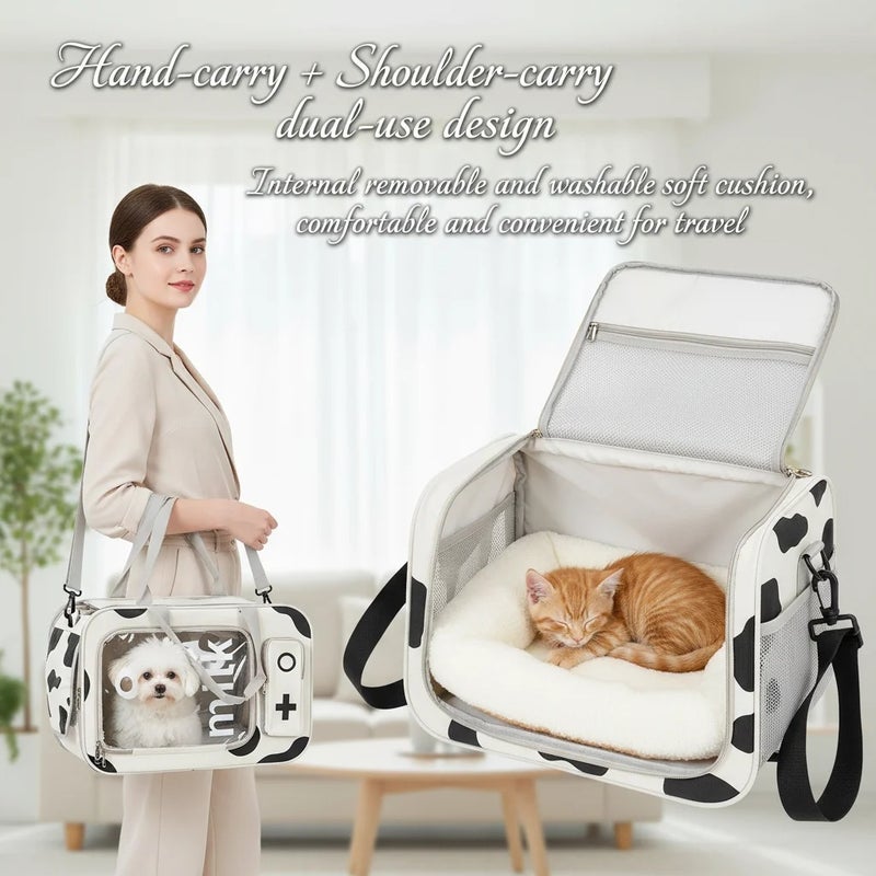 Cow Print Travel Pet Carrier Handbag - Oxford Fabric Cat Bag with Steel Wire Frame, Shoulder Strap & Soft Pad for Cats up to 22 lbs - Image 5