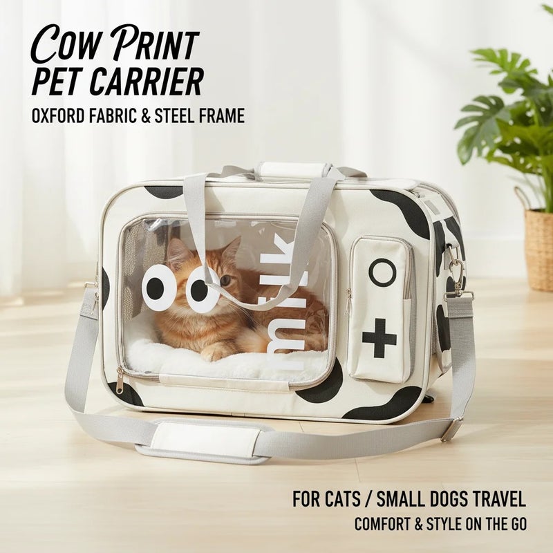 Cow Print Travel Pet Carrier Handbag - Oxford Fabric Cat Bag with Steel Wire Frame, Shoulder Strap & Soft Pad for Cats up to 22 lbs - Image 1