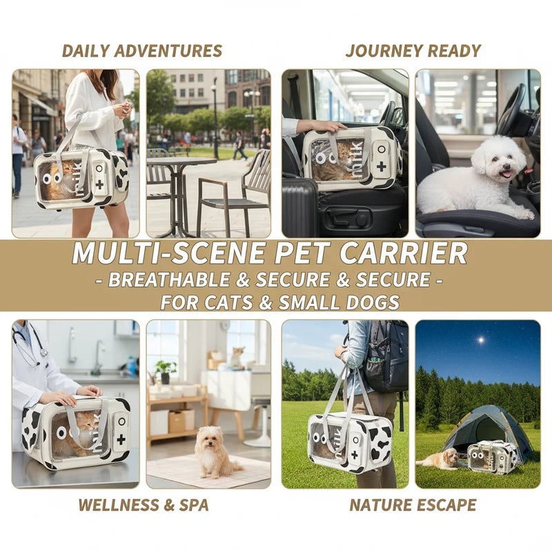 Cow Print Travel Pet Carrier Handbag - Oxford Fabric Cat Bag with Steel Wire Frame, Shoulder Strap & Soft Pad for Cats up to 22 lbs - Image 2