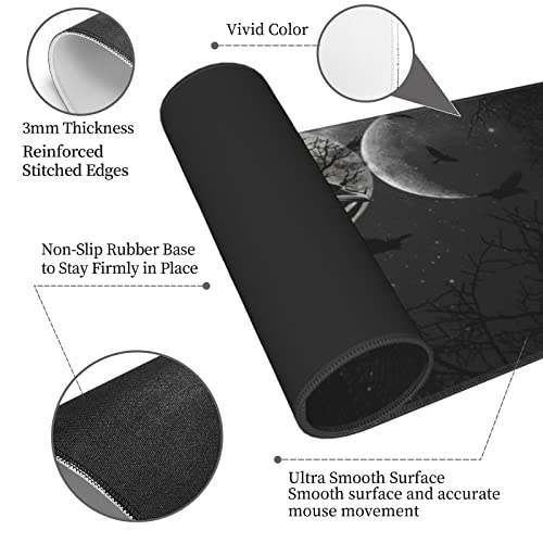 Gianlaima Triple Moon Crow Skull Galaxy Halloween Mouse Pad XL Extended Desk Mat, Non Slip Rubber Base Stitched Edge Gaming Pc Desktop Large Mice Pad,31.5 X 11.8 Inch - Image 4