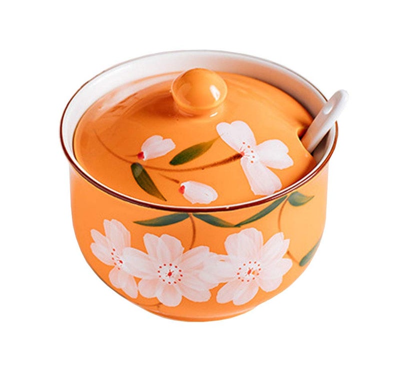 FUYU Handpainted Flower Ceramic Condiment Pot Seasoning Jar Sugar Bowl with Lid and Spoon