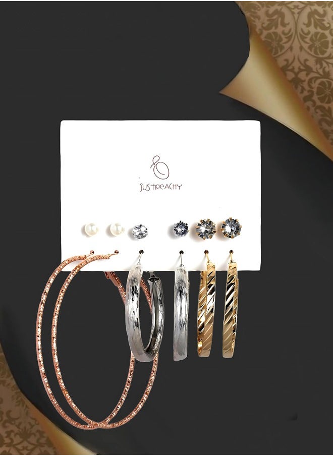 Just Peachy Just Peachy Set of 6 Elegant Earrings for Women,Versatile Collection Featuring Classic Studs, Hoop, Drop Designs, Perfect for Any Occasion, Ideal for Daily Wear or Special Events, Pack of 6  - Image 3