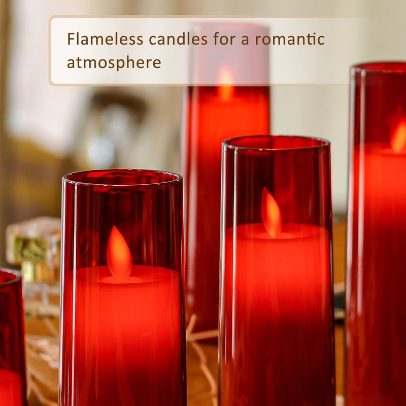 LTETTES | Flickering Flameless Acrylic Fiber LED Pillar Candles | Battery Operated with Remote & Timer | Set of 3 (2.3" D x 5.5", 6.5", 7.5" H, Red) for Home Decor, Weddings, Valentine & Gifts - Image 4