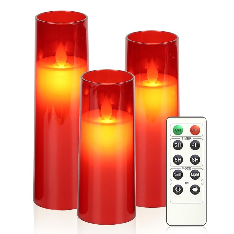 LTETTES | Flickering Flameless Acrylic Fiber LED Pillar Candles | Battery Operated with Remote & Timer | Set of 3 (2.3" D x 5.5", 6.5", 7.5" H, Red) for Home Decor, Weddings, Valentine & Gifts - Image 1