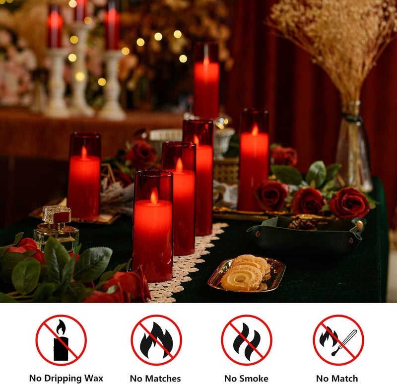 LTETTES | Flickering Flameless Acrylic Fiber LED Pillar Candles | Battery Operated with Remote & Timer | Set of 3 (2.3" D x 5.5", 6.5", 7.5" H, Red) for Home Decor, Weddings, Valentine & Gifts - Image 2