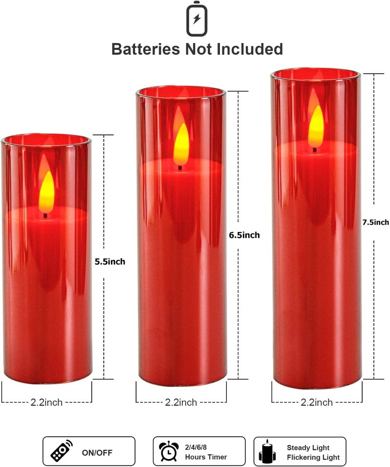 LTETTES | Flickering Flameless Acrylic Fiber LED Pillar Candles | Battery Operated with Remote & Timer | Set of 3 (2.3" D x 5.5", 6.5", 7.5" H, Red) for Home Decor, Weddings, Valentine & Gifts - Image 5