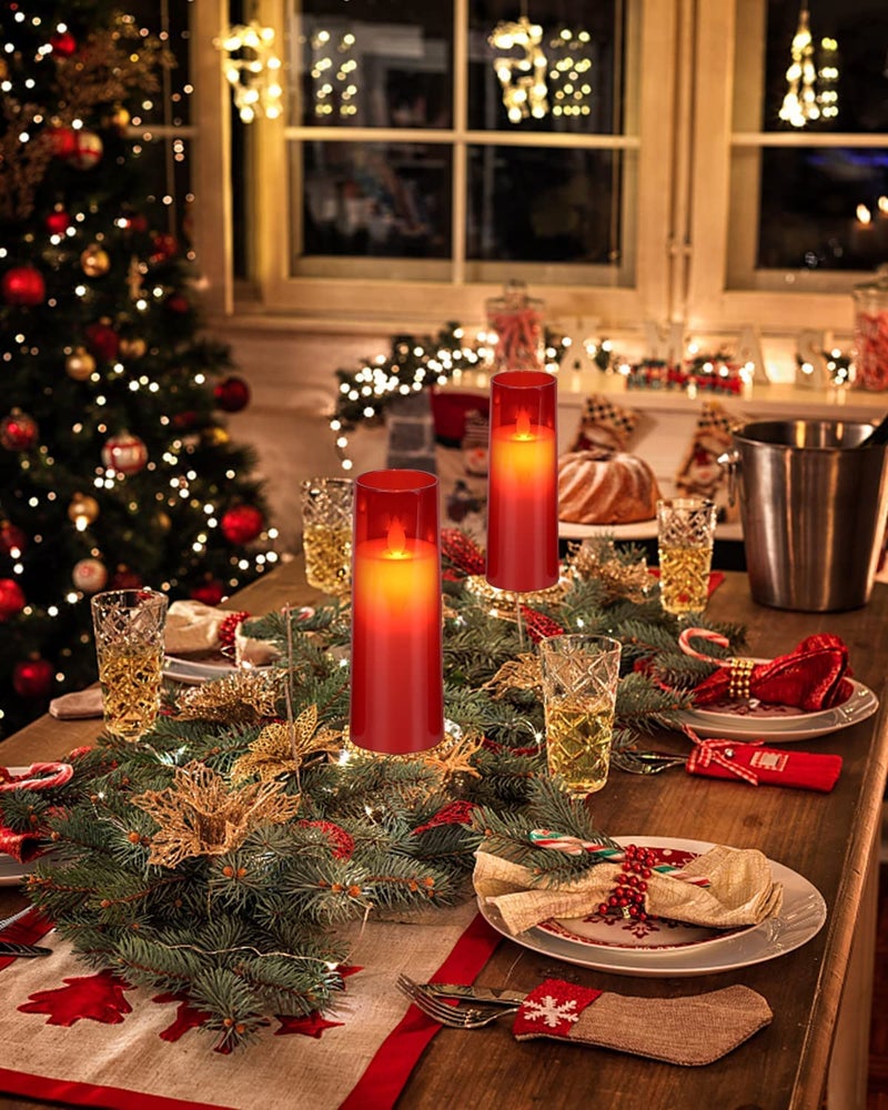 LTETTES | Flickering Flameless Acrylic Fiber LED Pillar Candles | Battery Operated with Remote & Timer | Set of 3 (2.3" D x 5.5", 6.5", 7.5" H, Red) for Home Decor, Weddings, Valentine & Gifts - Image 3