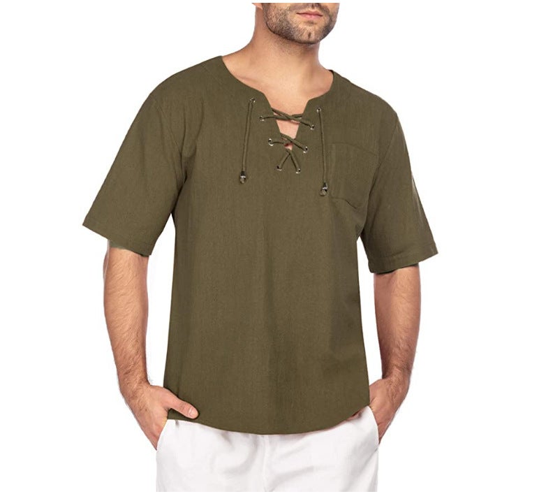 Street Style New Men'S Short-Sleeved T-Shirt Cotton And Linen Lace-Up Casual Fashion T-Shirt One-Piece - Image 1