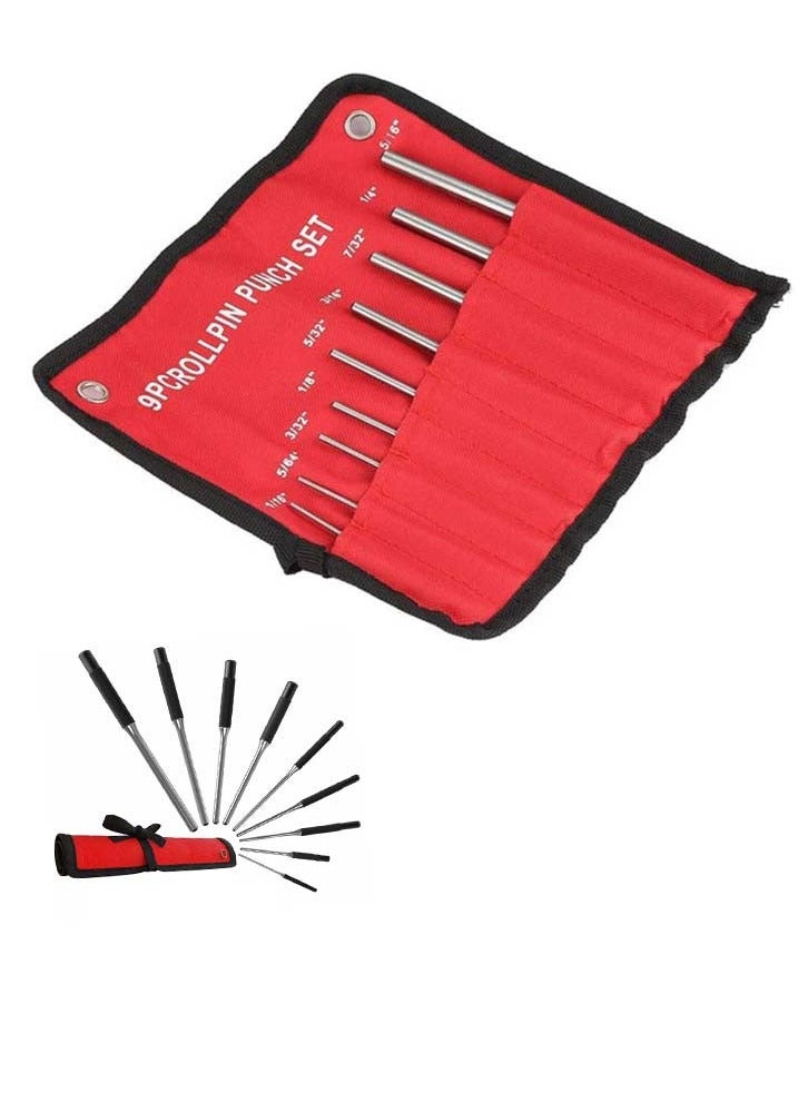9 Pcs Extra Long Steel Pin Punch Set - Multi-Scenario Woodworking Roll Pin Punch & Chisel Kit with Bag, Reverse Taper Tips (Anti-Slip/Anti-Scratch), For Drilling Walls/Concrete/Stone, Wear-Resistant - Image 1