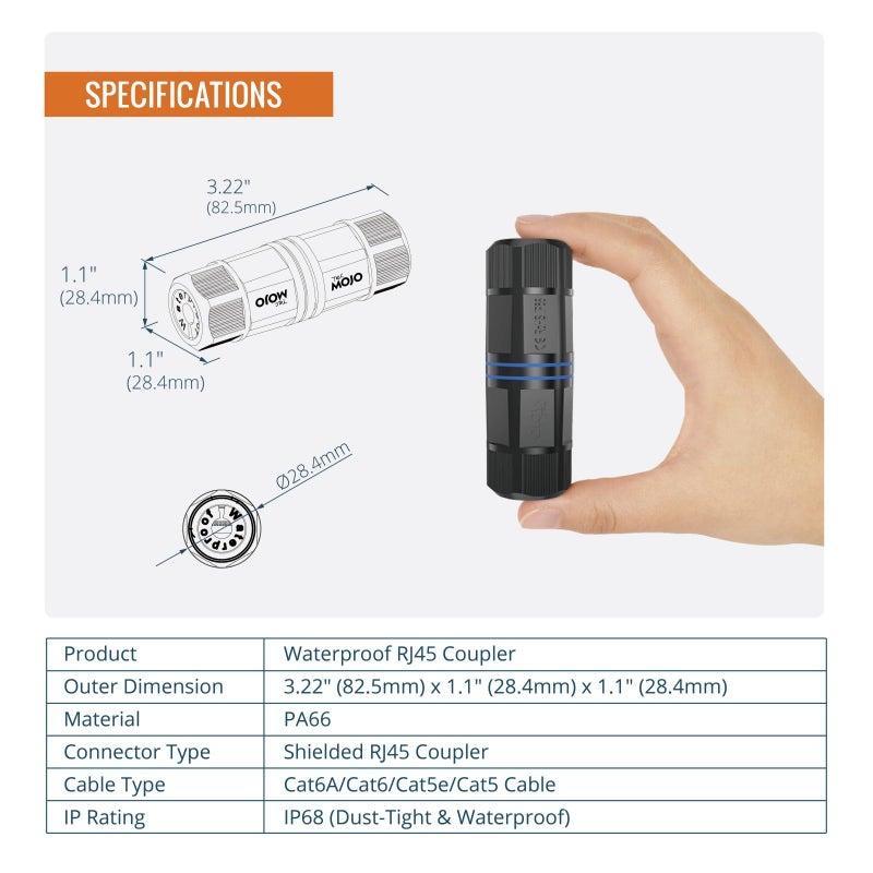 Tecmojo Waterproof Cat6 Coupler, IP68 Outdoor Ethernet Connector for CAT6/CAT5E/CAT5,Shielded RJ45 Ethernet Extender for IP Camera and PoE Device, 3.2in,3 Pack - Image 4