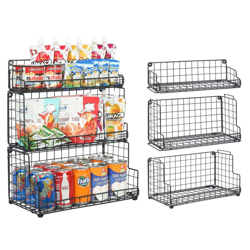 Xcosrack Stackable Wire Basket 3 Tier Countertop Wall Mounted Metal Storage Basket for Kitchen Pantry Cabinet Mutifunctional Open Front Bin Organizer for Food Fruit Snack Black