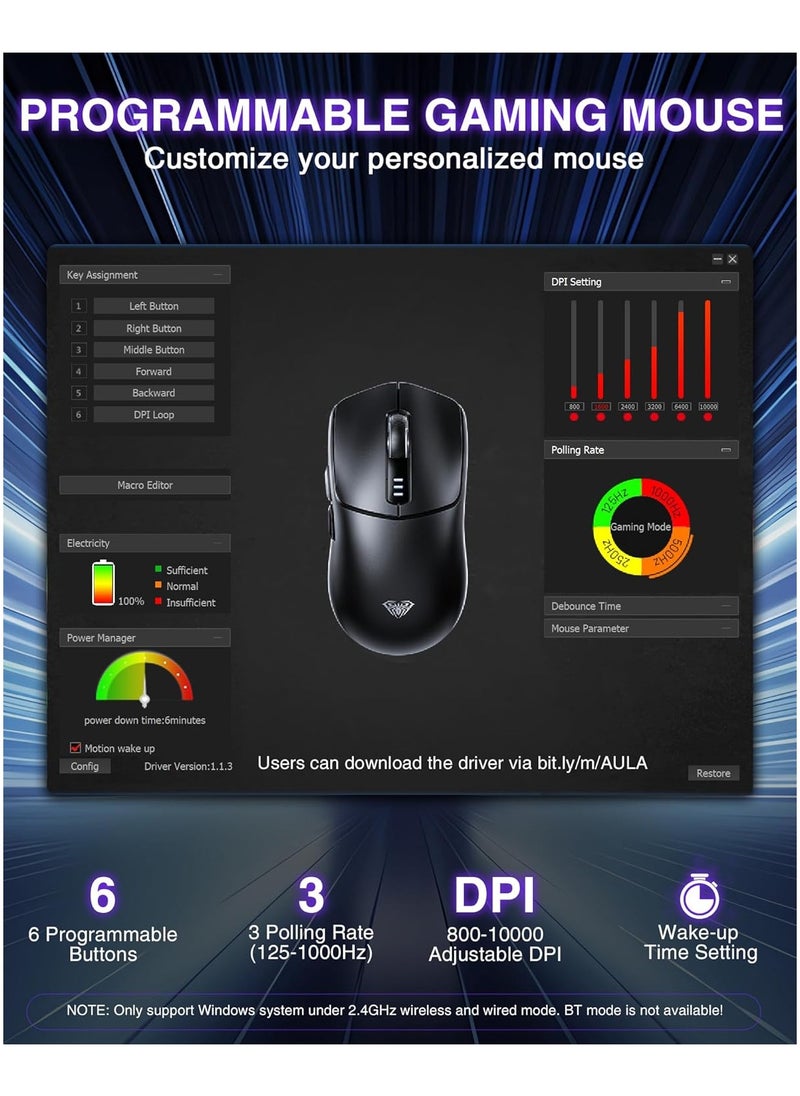 SC580X Superlight Wireless Gaming Mouse, Tri-Mode 2.4G/BT5.0/USB-C Gaming Mouse, 10000 DPI Rechargeable Wireless Mouse with 6 Programmable Buttons, Ergonomic Computer Mouse for Laptop/PC/Mac/Tablet