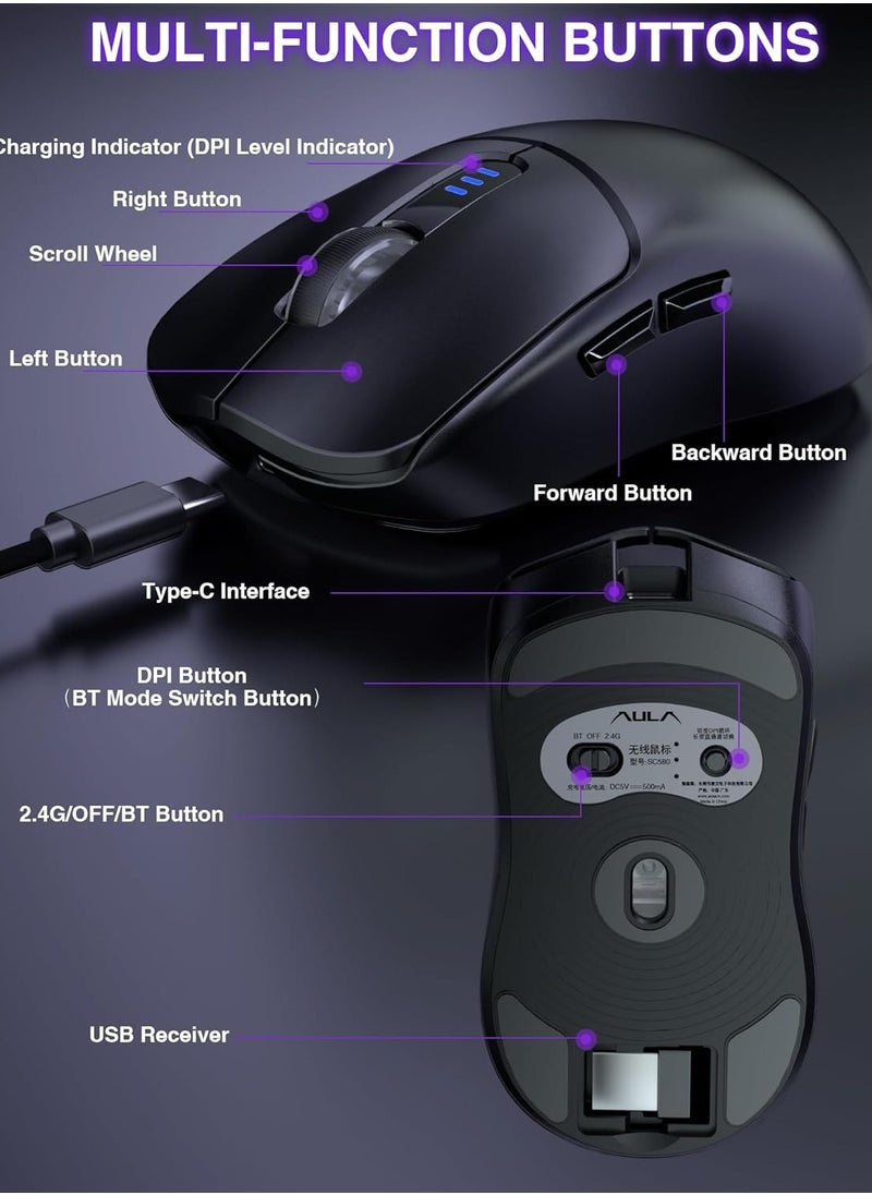 AULA - SC580X Superlight Wireless Gaming Mouse, Tri-Mode 2.4G/BT5.0/USB-C Gaming Mouse, 10000 DPI Rechargeable Wireless Mouse with 6 Programmable Buttons, Ergonomic Computer Mouse for Laptop/PC/Mac/Tablet - Image 1