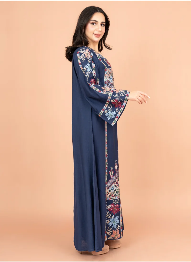 IKKXA Exquisite Embroidered Jalabiya with Delicate Details IK4008 Blue