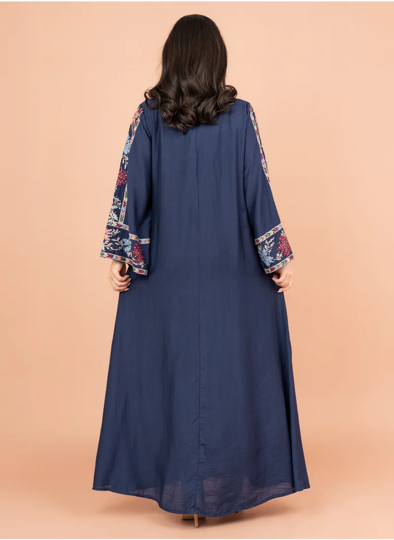 IKKXA Exquisite Embroidered Jalabiya with Delicate Details IK4008 Blue