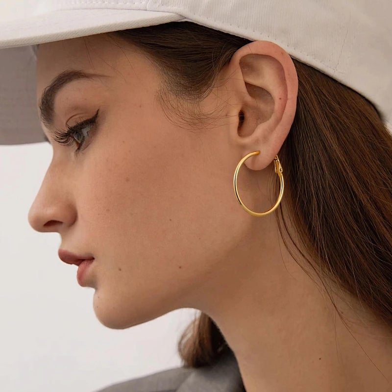 Gacimy Medium Hoop Earrings for Women 14K Gold Plated, 925 Sterling Silver Post Hoops for Women, 30mm Yellow Color Medium Earrings - Image 5