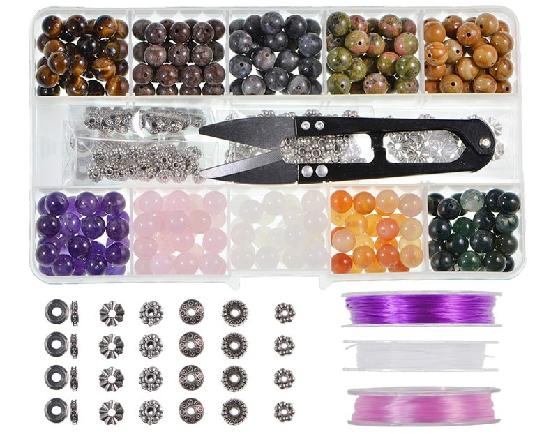 Stone Beads Box Set Kits 250pcs 8mm Round Loose Gemstone Natural Amethyst Rose Quartz Red Agate Larvikite Labradorite Assorted Color with Accessories Tools for Bracelet100 Natural Stone Beads Kit 2