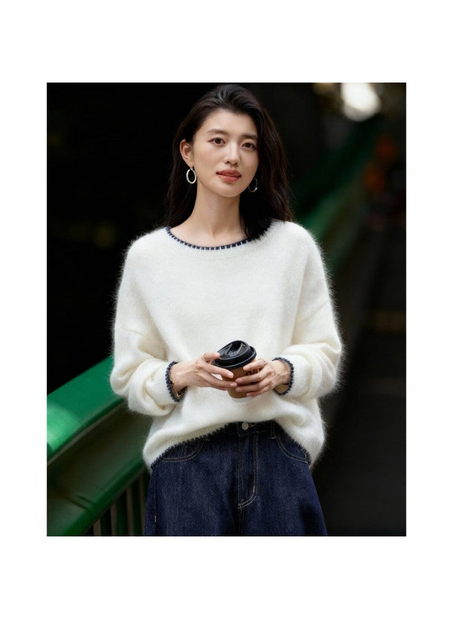 dme Demana Mohair Wool Blend Winter Cloud Breath Colorblock Crewneck Soft Stretch Knit Sweater Top - Image 1