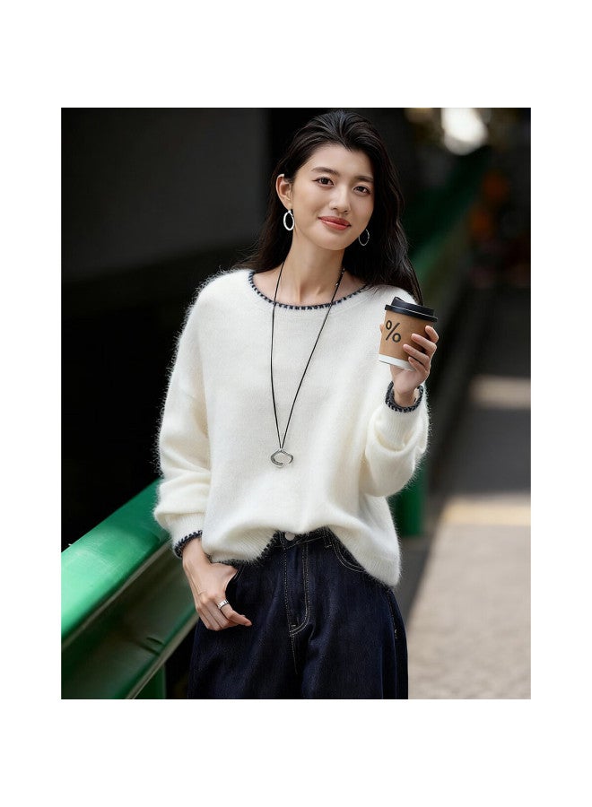 dme Demana Mohair Wool Blend Winter Cloud Breath Colorblock Crewneck Soft Stretch Knit Sweater Top - Image 2