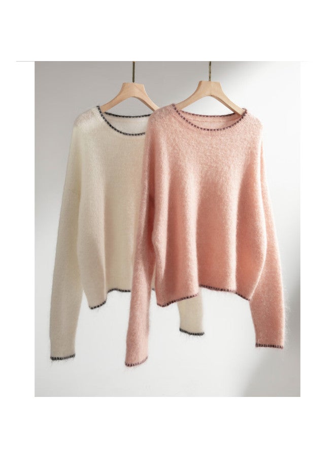 dme Demana Mohair Wool Blend Winter Cloud Breath Colorblock Crewneck Soft Stretch Knit Sweater Top - Image 4
