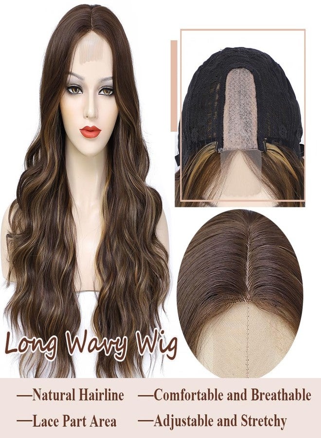 Colorful Queen Brown Highlight Wigs for Women 26 Inch Long Wavy Brown Wig Glueless Brown Mix Blonde Middle Part Curly Synthetic Lace Wig for Cosplay Daily Use - Image 3