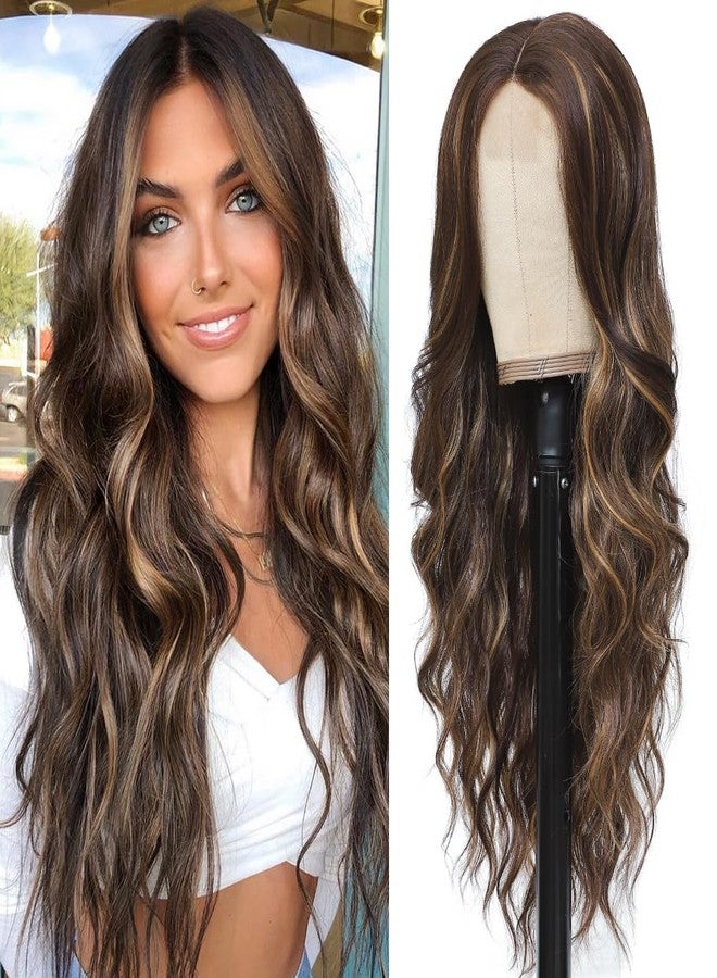 Colorful Queen Brown Highlight Wigs for Women 26 Inch Long Wavy Brown Wig Glueless Brown Mix Blonde Middle Part Curly Synthetic Lace Wig for Cosplay Daily Use - Image 1