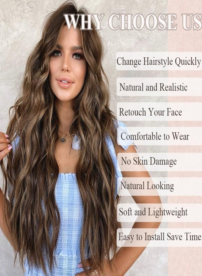 Colorful Queen Brown Highlight Wigs for Women 26 Inch Long Wavy Brown Wig Glueless Brown Mix Blonde Middle Part Curly Synthetic Lace Wig for Cosplay Daily Use - Image 2