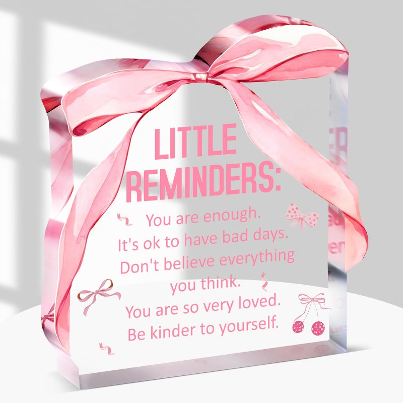 Yousoontic Pink Bow Print Acrylic Plaque with Stand Little Reminders Desk Decorative Sign Inspirational Encouragement Gifts for Women Office, Living Room, Dormitory, Bedroom and Table Decoration - Image 1