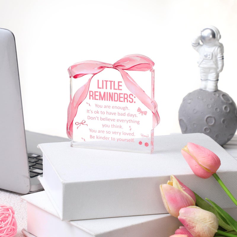 Yousoontic Pink Bow Print Acrylic Plaque with Stand Little Reminders Desk Decorative Sign Inspirational Encouragement Gifts for Women Office, Living Room, Dormitory, Bedroom and Table Decoration - Image 4