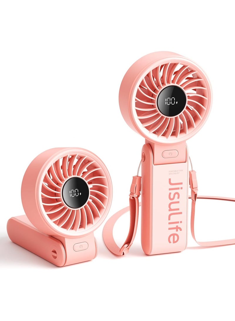 JISULIFE Handheld Fan Life7,2024 Powerful Portable Fan with LED Display,5000mAh,150°Folded,5 Speeds,Lanyard[Upto19.5Hrs Max Cooling]3-IN-1 Hand/Desk/Neck Fan,Travel Essentials Gifts for Women,Men Pink - Image 1