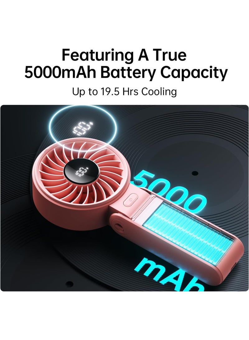 JISULIFE Handheld Fan Life7,2024 Powerful Portable Fan with LED Display,5000mAh,150°Folded,5 Speeds,Lanyard[Upto19.5Hrs Max Cooling]3-IN-1 Hand/Desk/Neck Fan,Travel Essentials Gifts for Women,Men Pink - Image 4