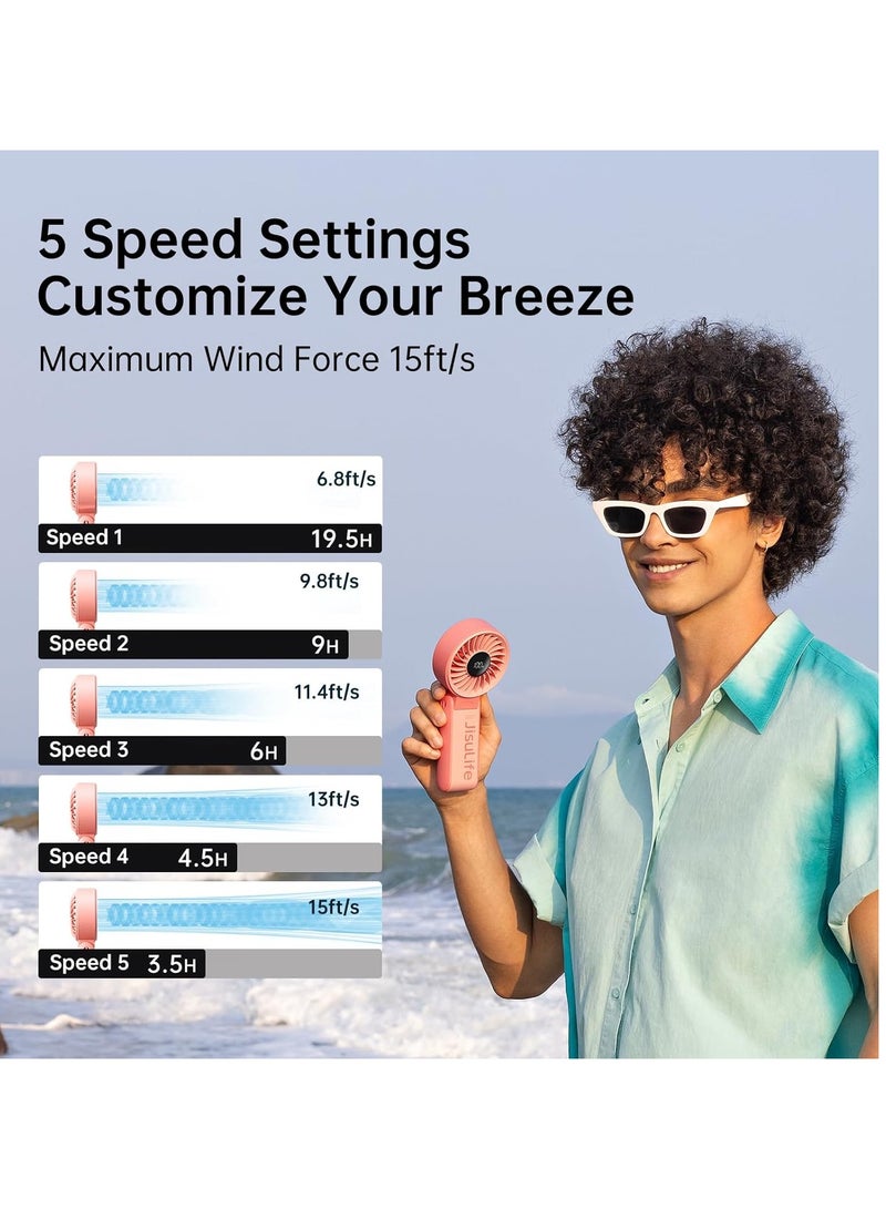 JISULIFE Handheld Fan Life7,2024 Powerful Portable Fan with LED Display,5000mAh,150°Folded,5 Speeds,Lanyard[Upto19.5Hrs Max Cooling]3-IN-1 Hand/Desk/Neck Fan,Travel Essentials Gifts for Women,Men Pink - Image 3