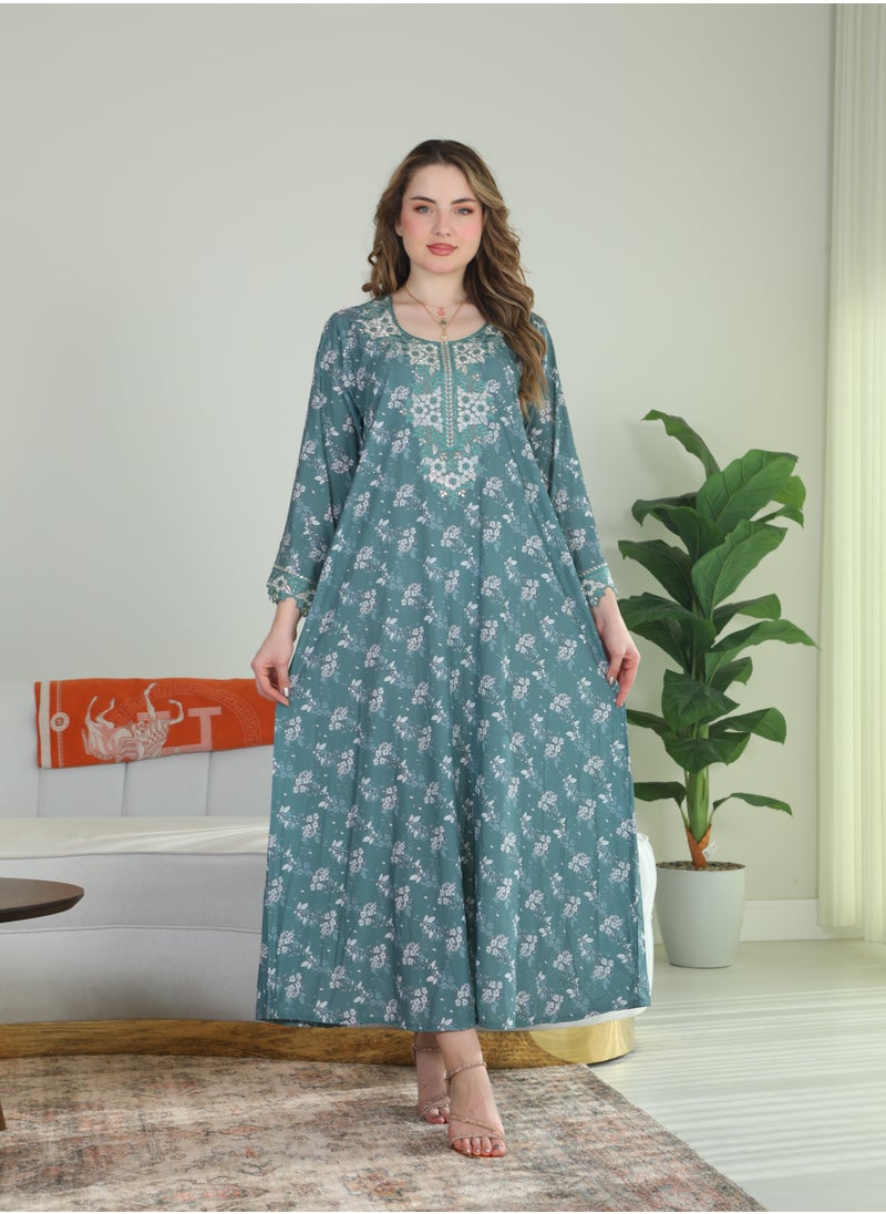Bint Al Bilad Bint Al Bilad Women's Summer Long Luxury Jalabiya | Full-Length Kaftan Dress for Ramadan, Eid Ul Fitr, Wedding, Special Occasions | Embroidered Saudi Abaya | Modest Islamic Clothing  - Image 1