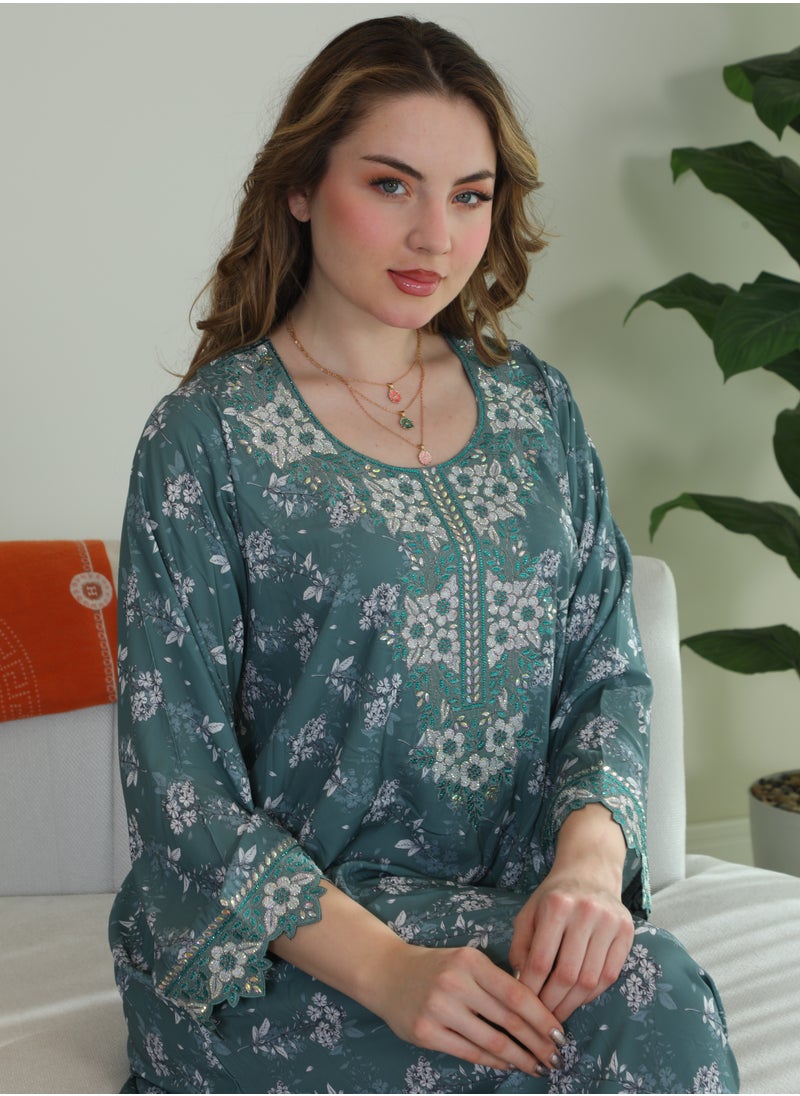 Bint Al Bilad Bint Al Bilad Women's Summer Long Luxury Jalabiya | Full-Length Kaftan Dress for Ramadan, Eid Ul Fitr, Wedding, Special Occasions | Embroidered Saudi Abaya | Modest Islamic Clothing  - Image 2